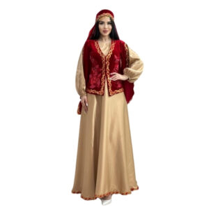 Qadın üçün bej-qırmızı yelekli dəst