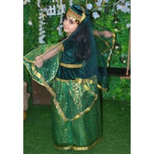 Qız Uşaqları üçün Yaşıl Azərbaycan Milli Geyimi – Qızılı Naxışlı Məxməri Don