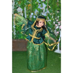 Qız Uşaqları üçün Yaşıl Azərbaycan Milli Geyimi – Qızılı Naxışlı Məxməri Don