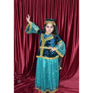 Qız Uşaqları üçün Firuzəyi Naxışlı Azərbaycan Milli Geyimi