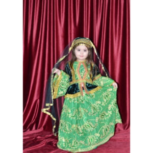 Qız Uşaqları üçün Naxışlı Yaşıl Azərbaycan Milli Geyimi