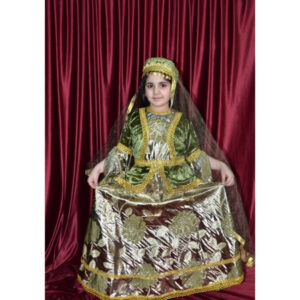 Qız Uşaqları üçün Yaşıl-Qızılı Azərbaycan Milli Geyimi