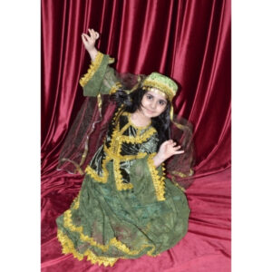 Qız Uşaqları üçün Zeytun Yaşıl Azərbaycan Milli Geyimi